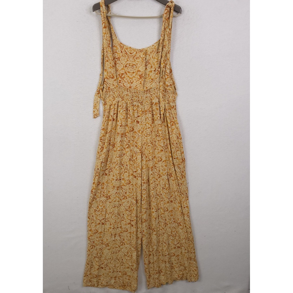 Free People Sugar Sands Jumpsuit S/P Mustard Paisley Boho Wide Leg Tie Strap